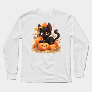 Happy Black Halloween Cat Long Sleeve T-Shirt